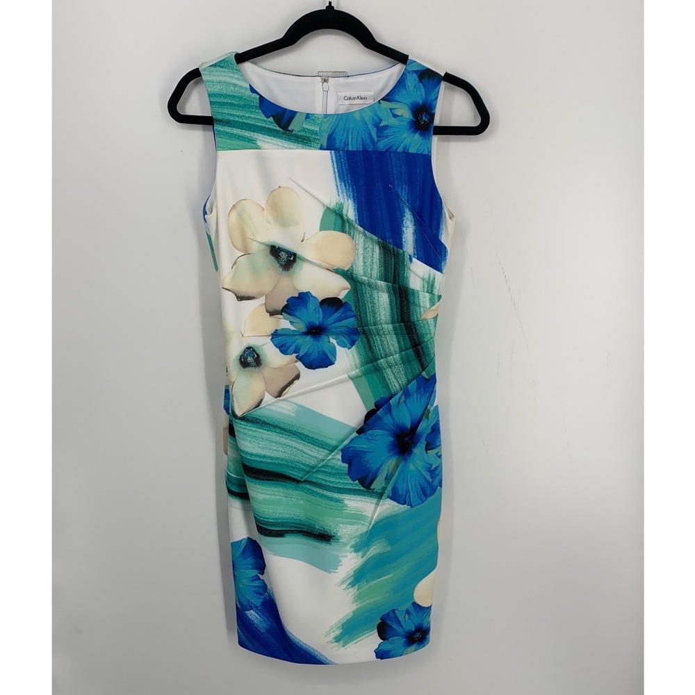 Calvin Klein 10/12 Blue Floral Abstract Sheath Dress Stretch Sleeveless